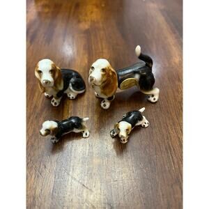 Vintage Bone China Miniature Painted Glossy Bassett Hound Family Figurines Japan